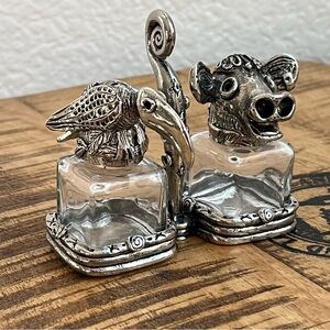 AST Pewter Salt Pepper Shakers Animal Head Glass Cow Bull Crow Bird of Prey